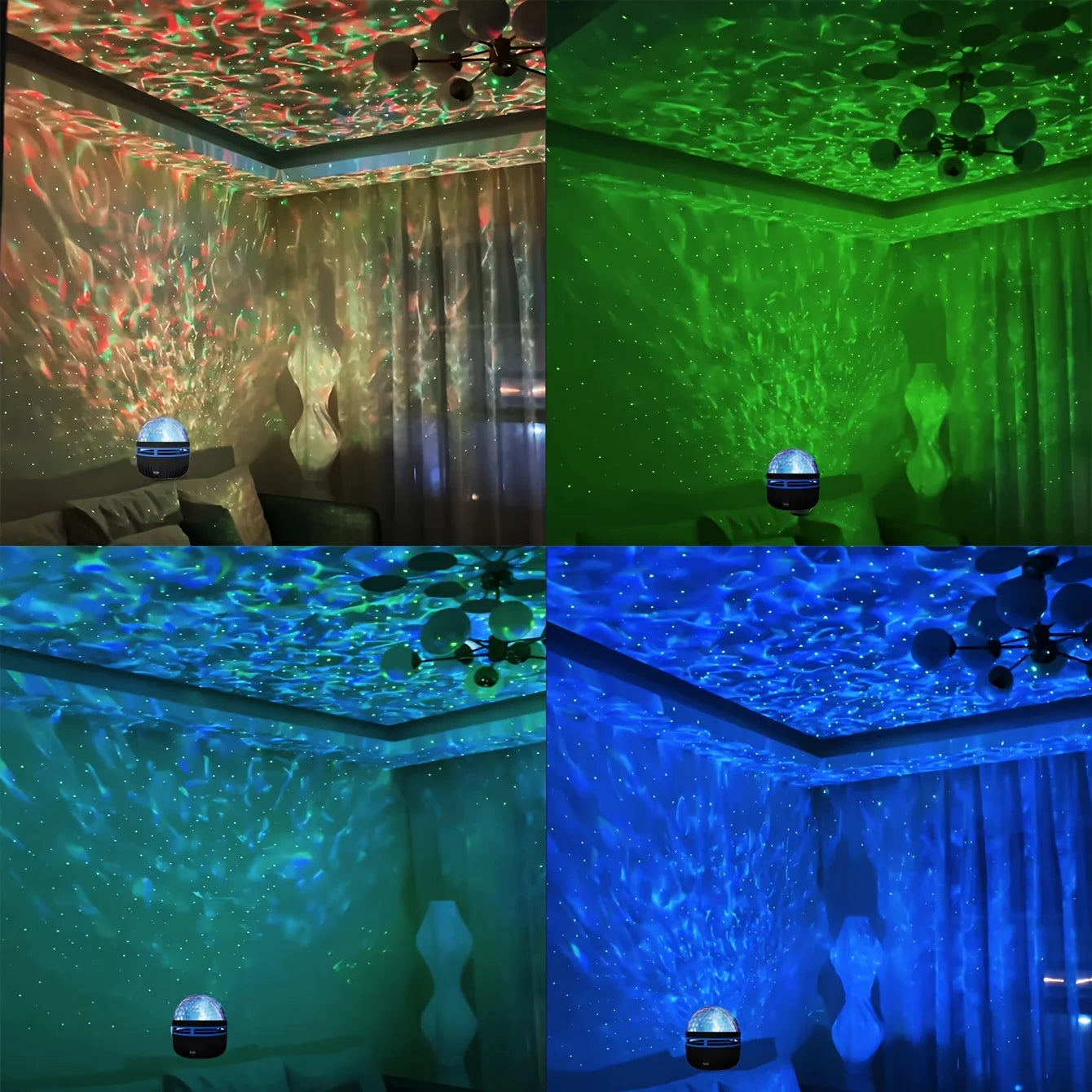 Collage of a room with a starry night light projector displaying different color projections.