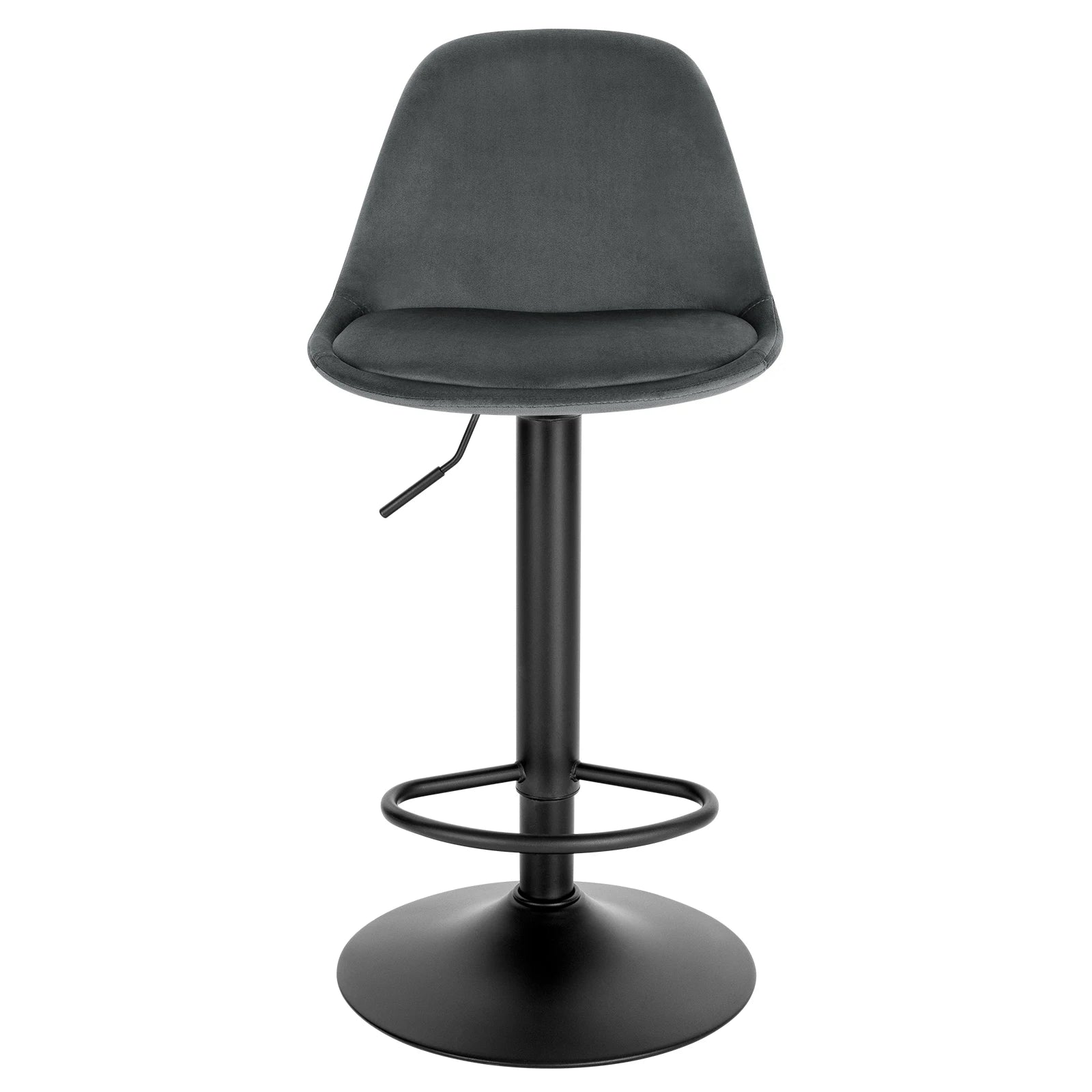Gray bar stool with black metal base on a white background