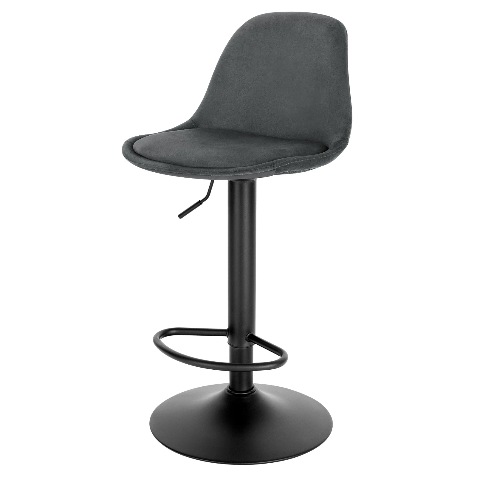 Gray bar stool with black metal base on a white background