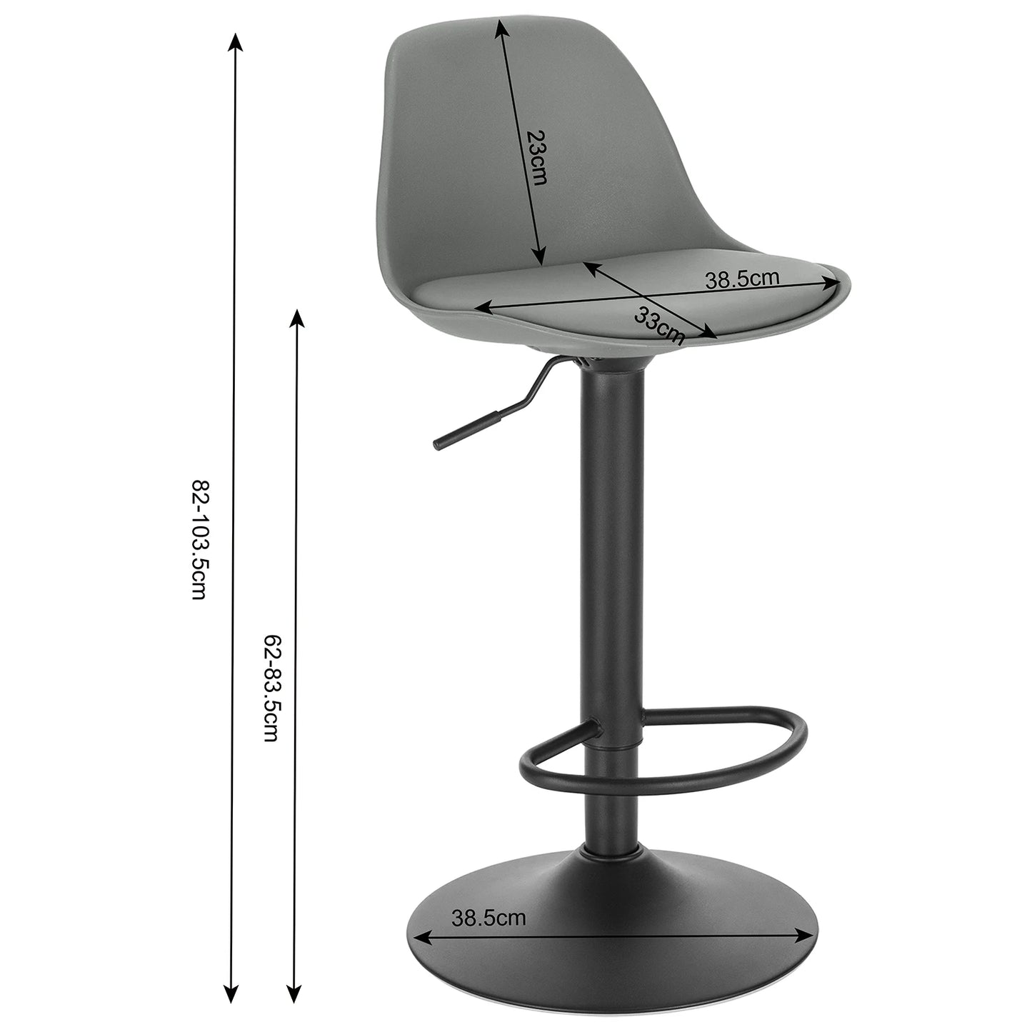 Gray bar stool with dimensions indicated on a white background
