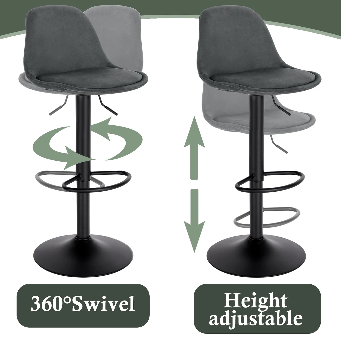 Two gray bar stools with height adjustment and swivel features on a white background.