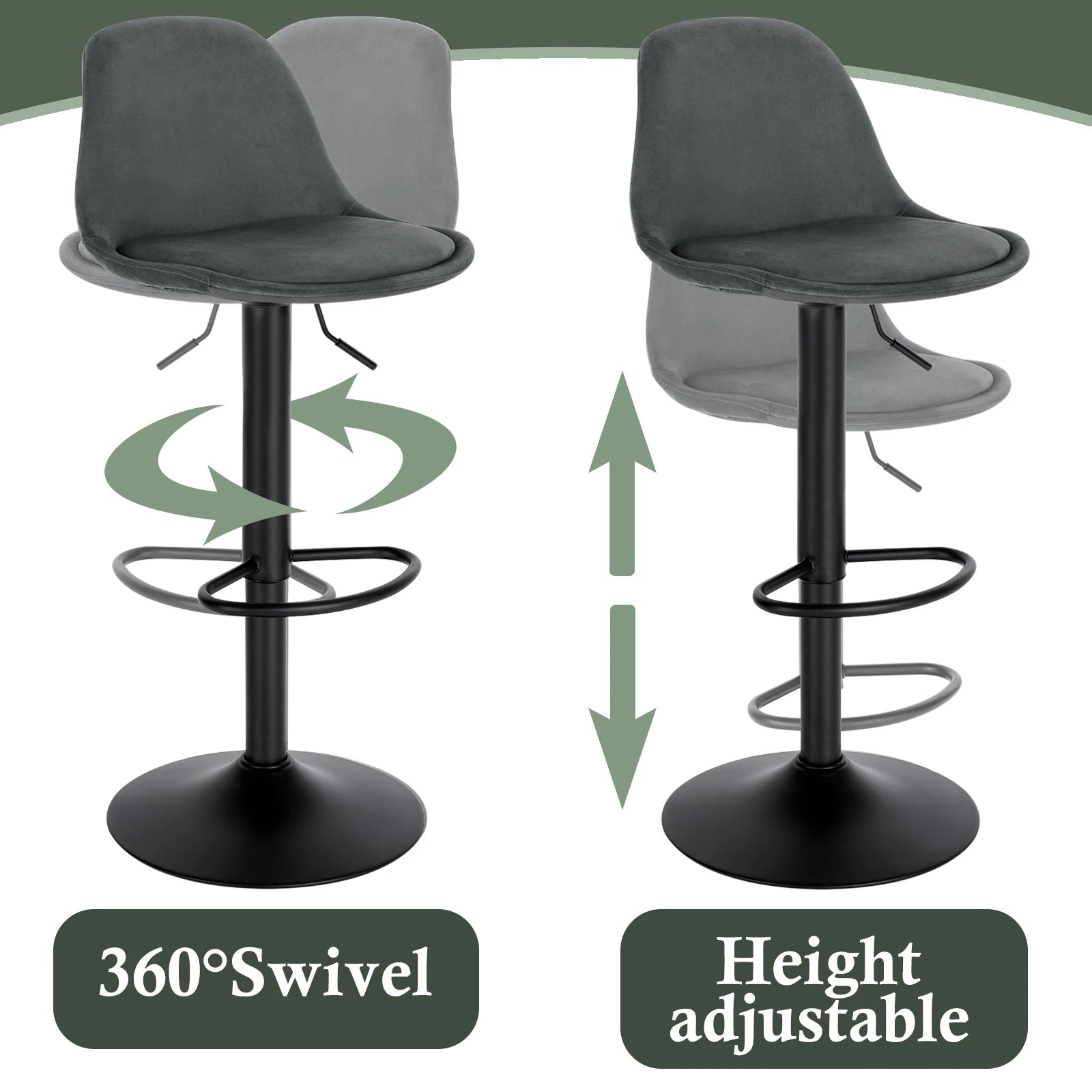 Two gray bar stools with height adjustment and swivel features on a white background.