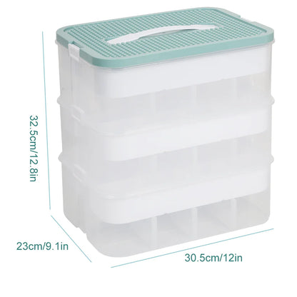 Rectangular storage container with a green lid and dimensions displayed