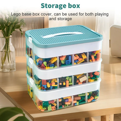 Stackable storage box with colorful Lego pieces on a wooden table.
