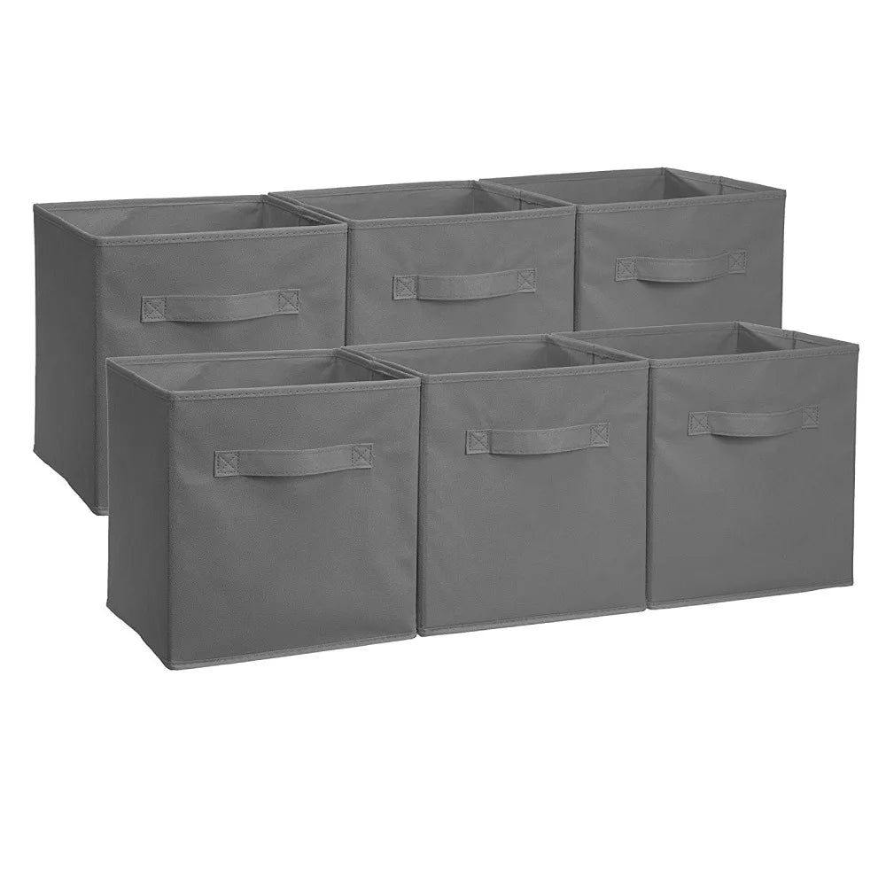 Set of six gray storage cubes with handles on a white background