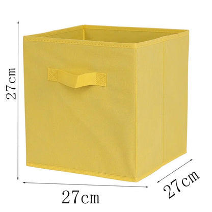 Yellow cube-shaped storage bin with dimensions on a white background