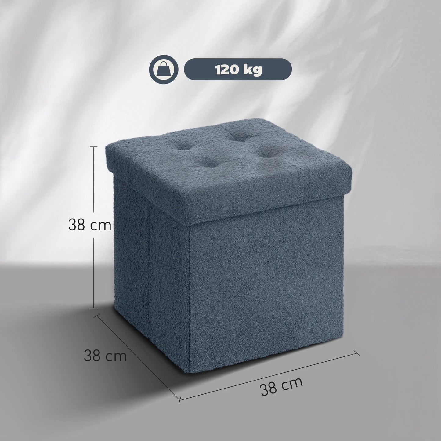 Blue storage ottoman with dimensions and weight capacity on a white background