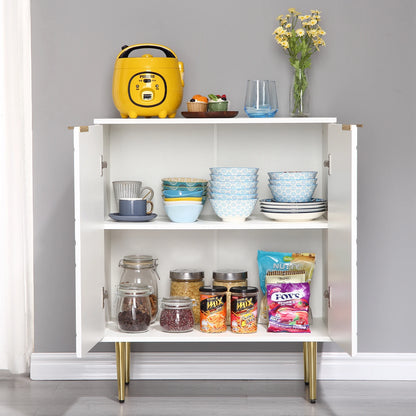 White shelving unit with various kitchen items including a yellow teapot, colorful bowls, and snacks on a gray wall background.