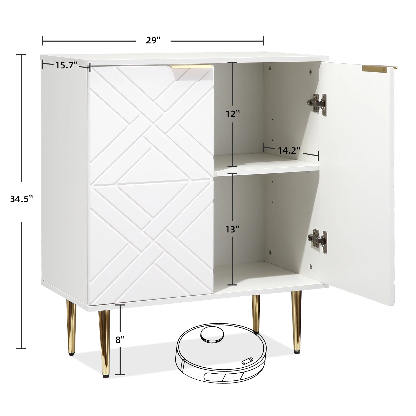 White cabinet with dimensions labeled, featuring a robot vacuum cleaner at the bottom.