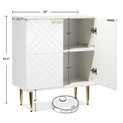 White cabinet with dimensions labeled, featuring a robot vacuum cleaner at the bottom.