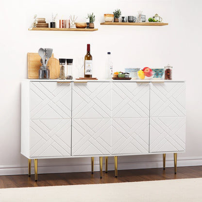 White sideboard with geometric design, gold legs, and kitchen items on top against a white wall.