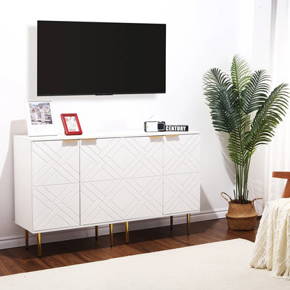 White entertainment console with a TV above it in a living room setting.