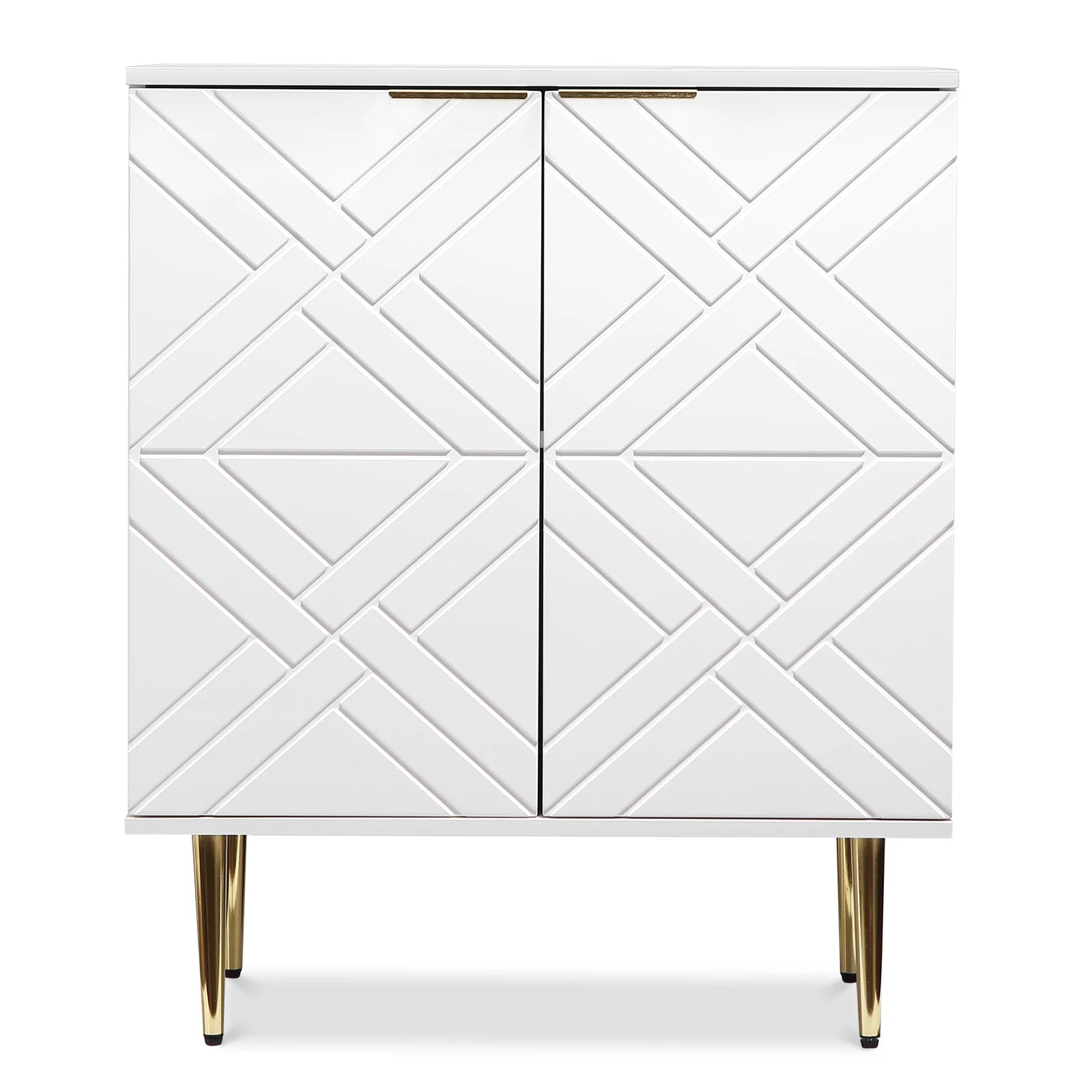 White cabinet with geometric pattern and gold legs on a white background