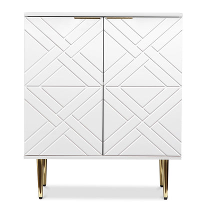 White cabinet with geometric pattern and gold legs on a white background