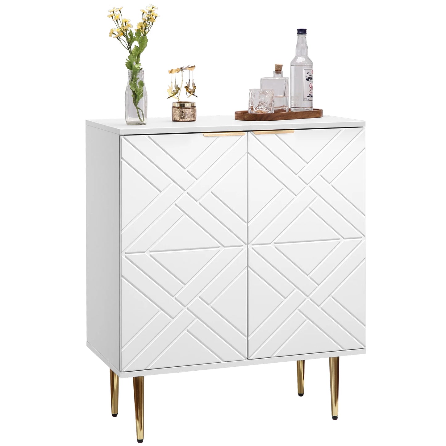 White cabinet with geometric design on a white background