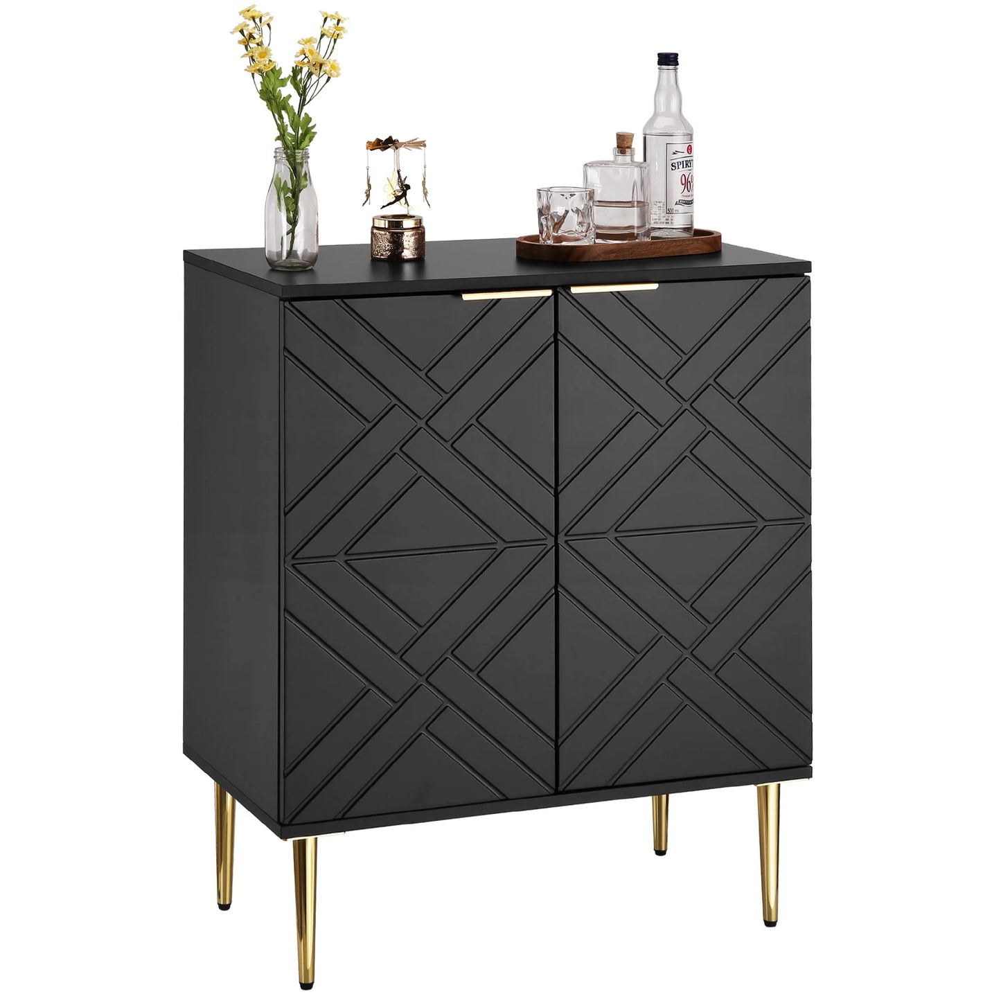 Black cabinet with geometric pattern and gold legs on a white background