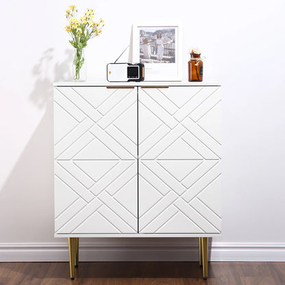 White cabinet with geometric pattern on doors, decorated with a radio, photo frame, and vase.