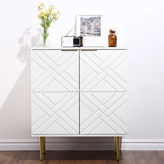 White cabinet with geometric pattern on doors, decorated with a radio, photo frame, and vase.