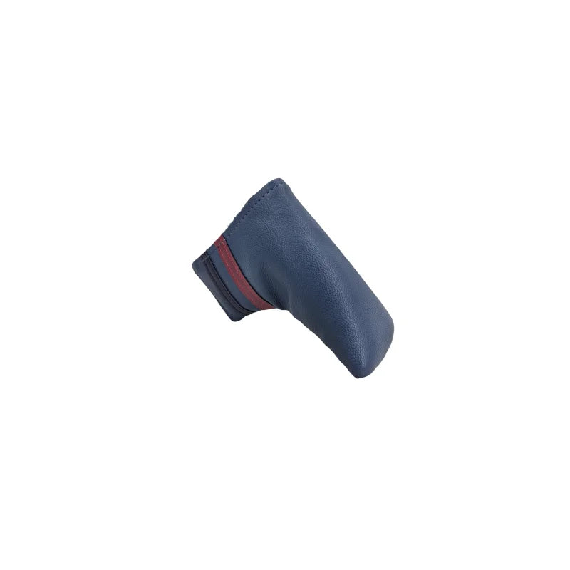 Blue golf club head cover with red accent on a white background