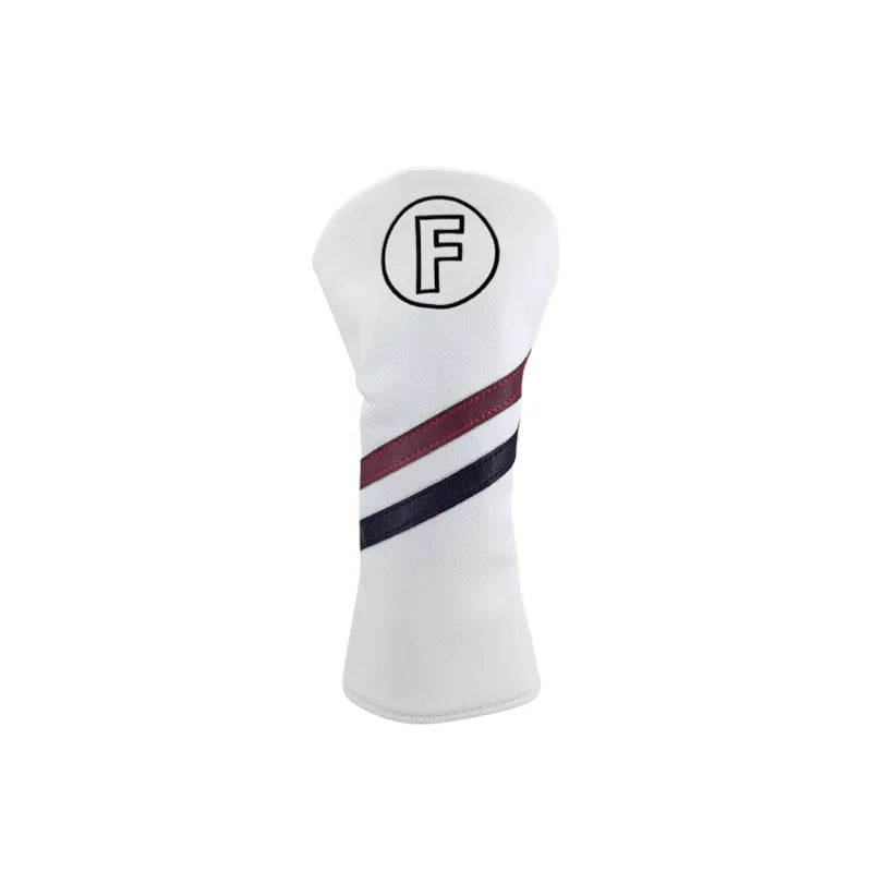 White golf club head cover with black and red stripes on a white background