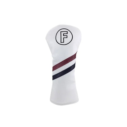 White golf club head cover with black and red stripes on a white background