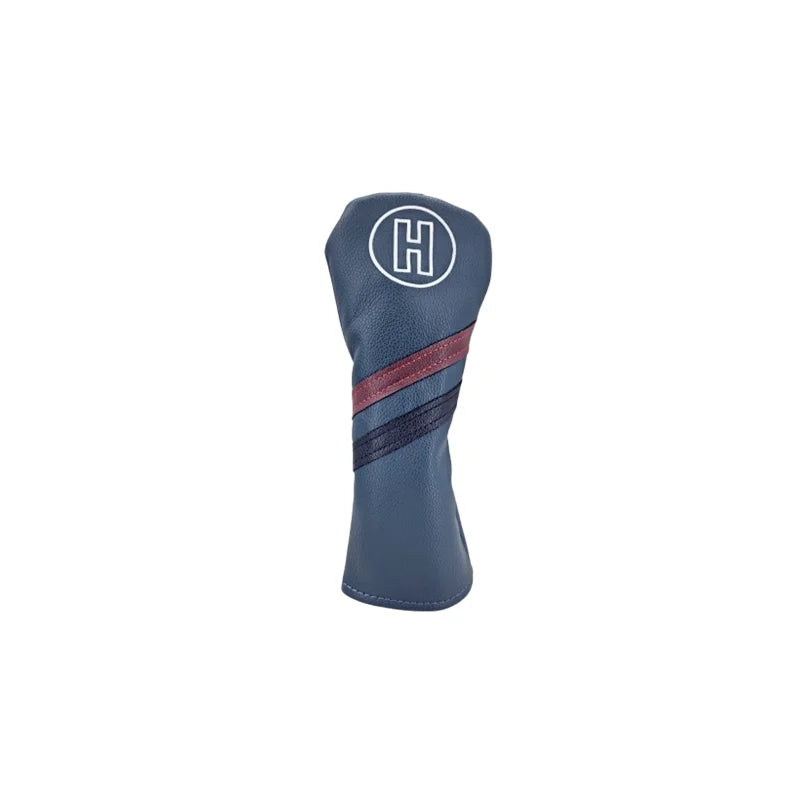 Golf club head cover with a logo on a white background