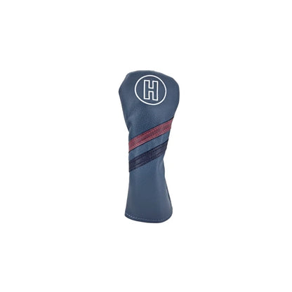 Golf club head cover with a logo on a white background