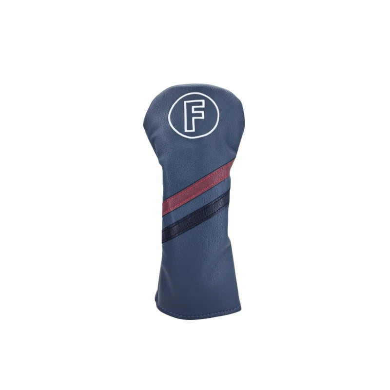 Navy golf club head cover with a red and black stripe and letter 'F' on a white background