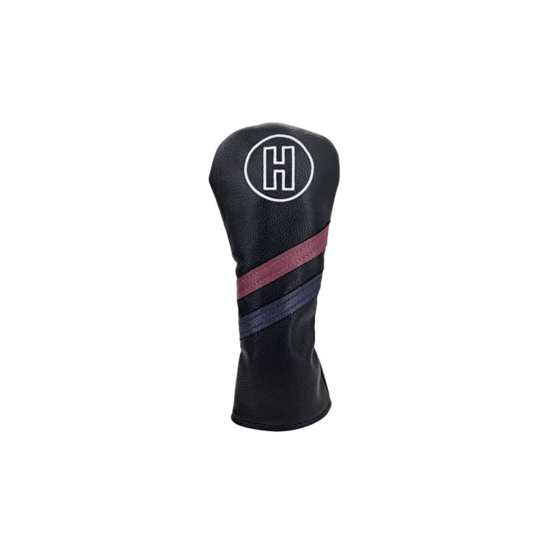 Black golf club head cover with red and gray stripes and a logo on a white background