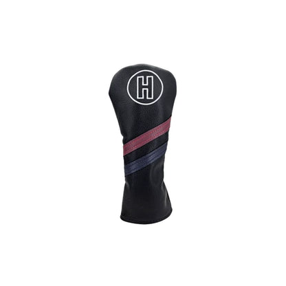Black golf club head cover with red and gray stripes and a logo on a white background