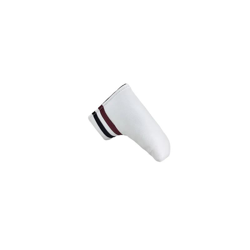 White golf club head cover with red and black stripes on a white background