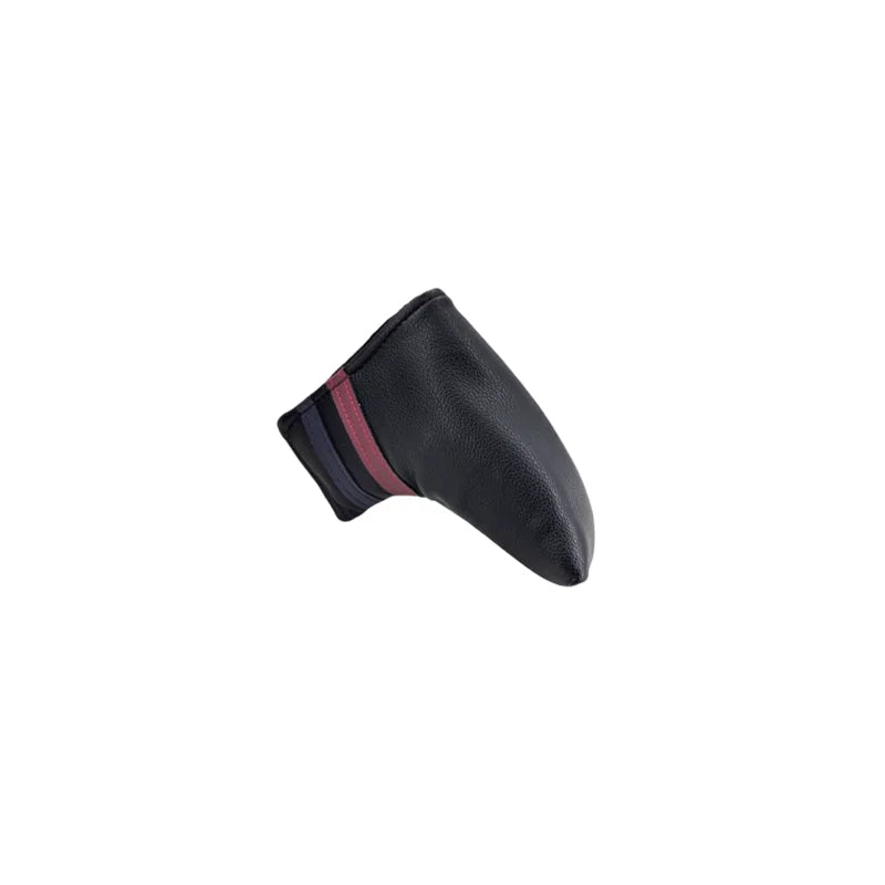 Black golf club head cover with red stripe on a white background