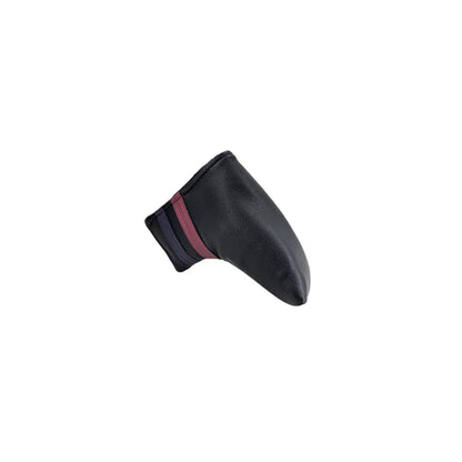 Black golf club head cover with red stripe on a white background