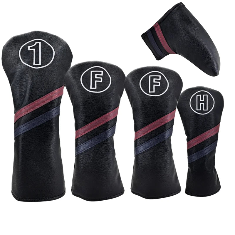Set of black golf club head covers with white and red accents on a white background