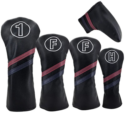 Set of black golf club head covers with white and red accents on a white background