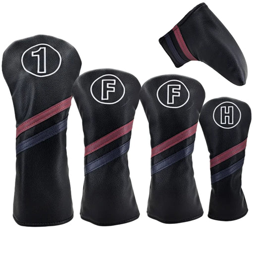 Set of black golf club head covers with white and red accents on a white background
