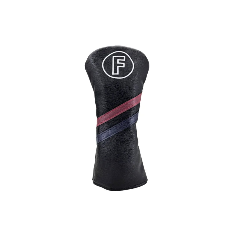 Black golf club head cover with red and blue stripes on a white background
