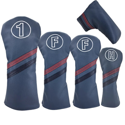 Set of blue golf club head covers with white and red accents on a white background