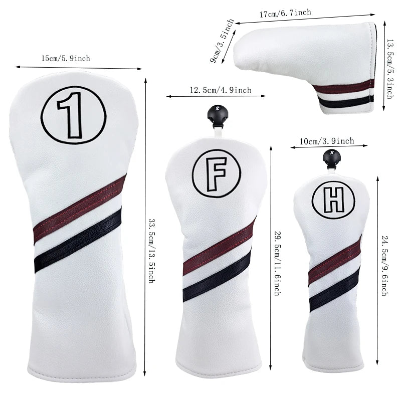 White golf club head covers with lettering and dimensions on a white background