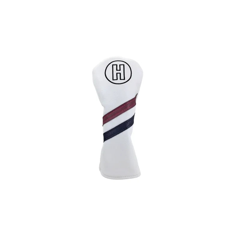 White golf club head cover with red and blue stripes on a white background