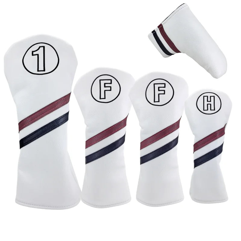 Set of white golf club heads with black and red stripes on a white background