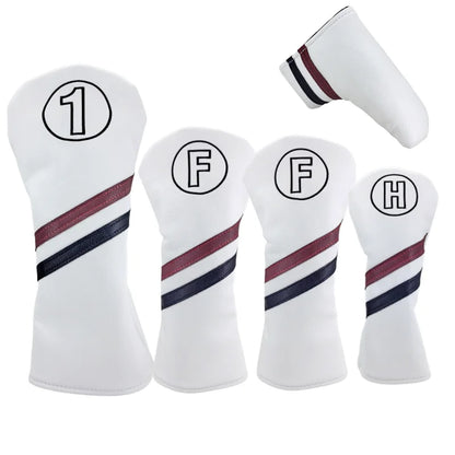 Set of white golf club heads with black and red stripes on a white background