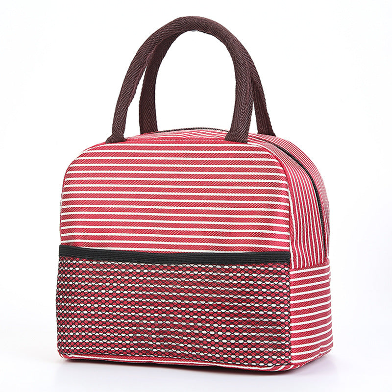 A red and white striped insulated lunch bag with dark brown handles and a black zipper, shown on a plain white background.