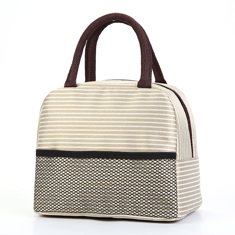 Striped handbag with brown handles on a white background