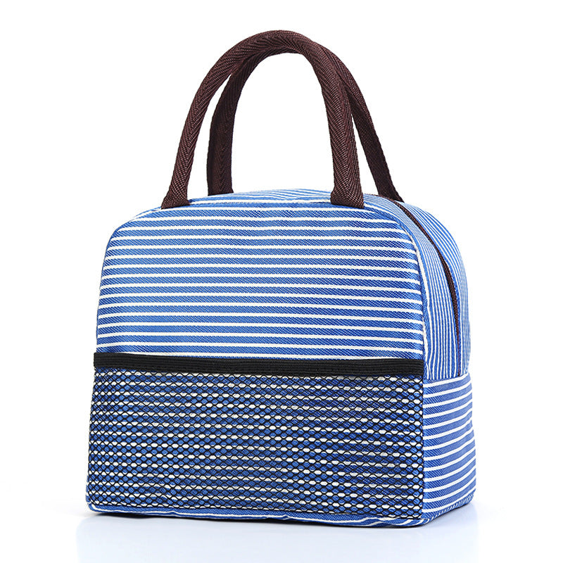 Blue and white striped lunch bag with brown handle on a white background