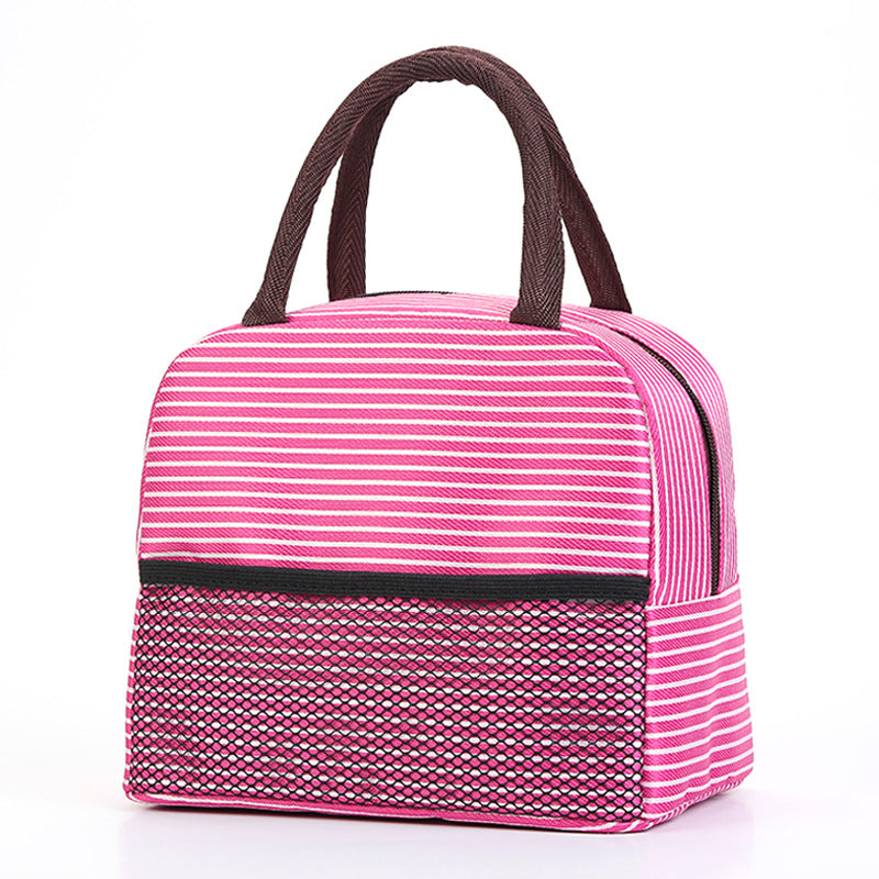 Pink striped lunch bag with brown handles on a white background