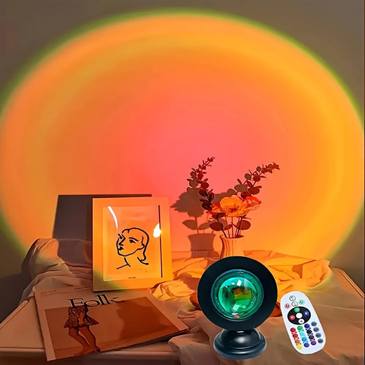Decorative lamp with remote control on a table with a warm glow