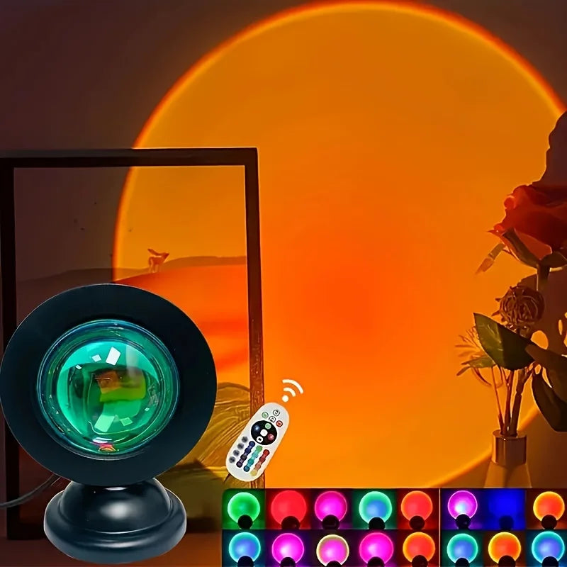 Decorative lamp with remote control and color-changing options in a warm setting.