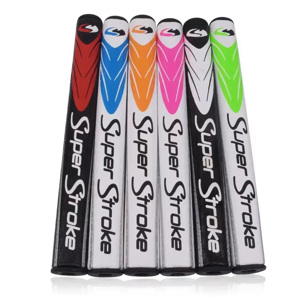 Super Stroke golf club grips in various colors on a white background