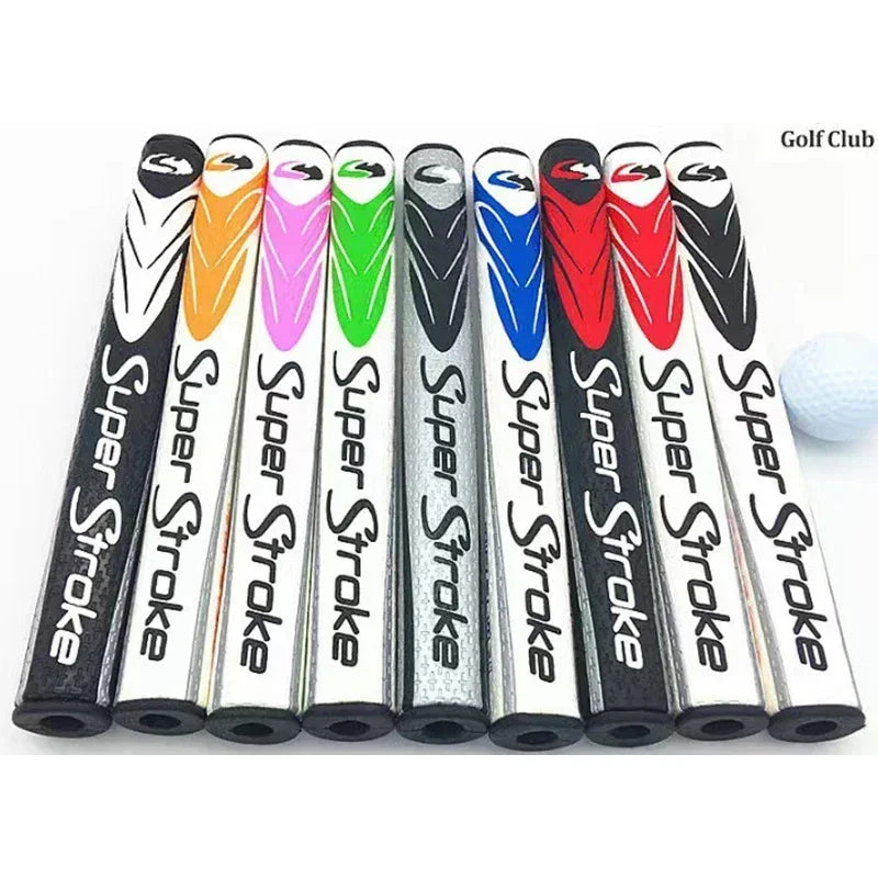 Set of Super Stroke golf club grips in various colors on a white background